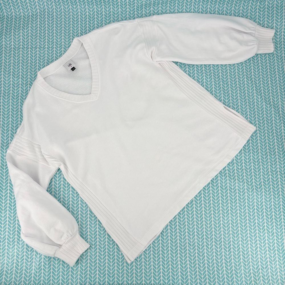 Cabi Kayak Pullover # 6118, White French Terry Oversize V-Neck Sweatshirt, Med